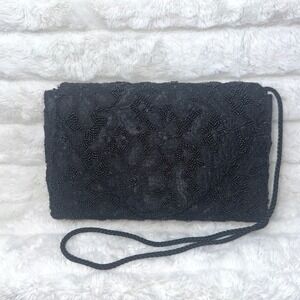 Vintage Lord & Taylor Black Beaded Lace Clutch Women Evening Shoulder Bag Strap